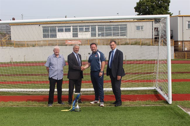 Cllr Thomas and Cllr Kemp with Barry Town United AFC Manager and Secretary in goals